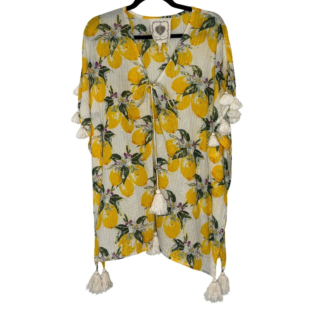 ZL India Made  Lemon Print Tassel Cotton Metallic Stripe Kaftan Coverup Top S/M‎